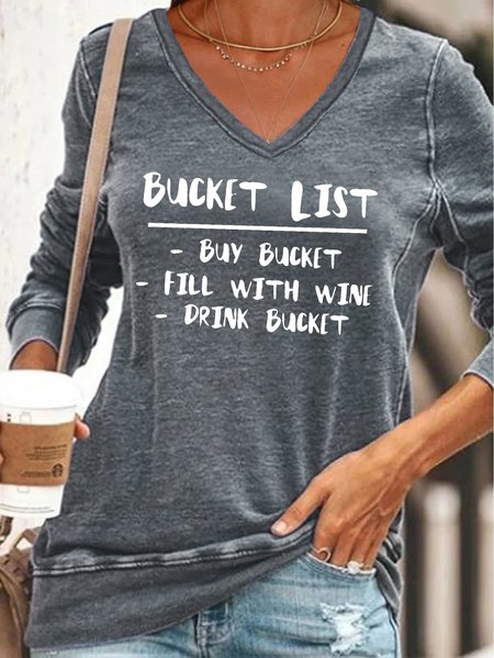 

Funny text printed V-neck long-sleeved sweatshirt, Gray, Hoodies&Sweatshirts