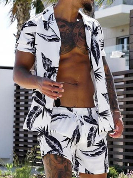 

Leaves Plants Short Sleeve Casual Suits, As picture, Men's sets