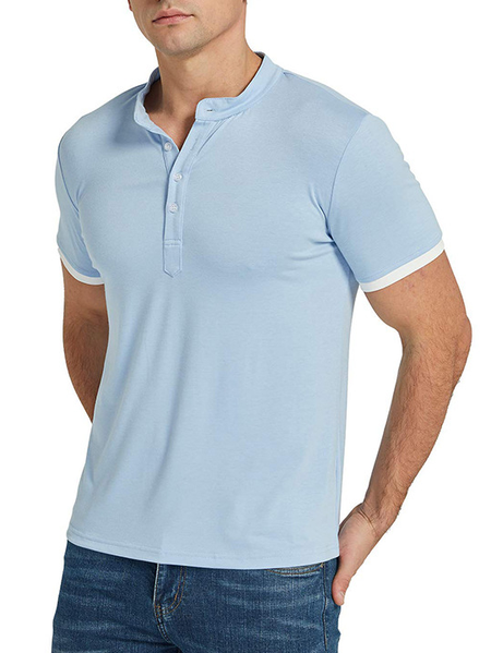 

Men's Plain Shirt Color Henley Collar Short Sleeve Polo Shirt, Lightblue, polo