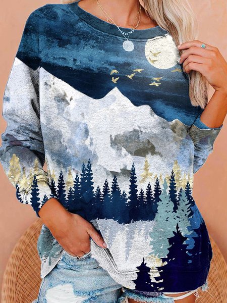 

Casual Abstract Landscape Print Sweatshirt, As picture, Hoodies&Sweatshirts