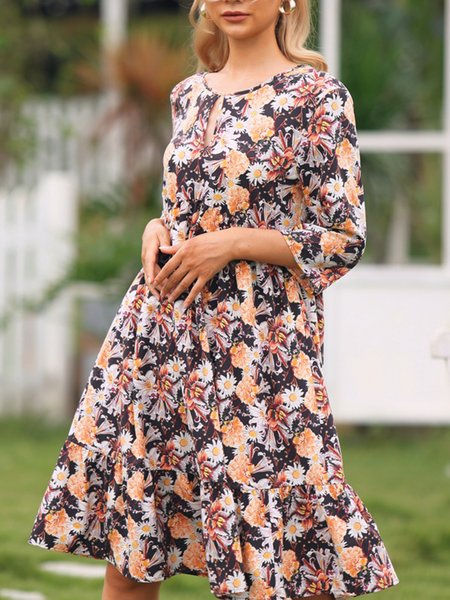 

Vacation Loosen Crew Neck Dresses, Black, Floral Dresses