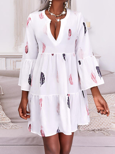 

Scollo a V Allentare Piuma Gonna Casuale, Bianco, Midi Dresses