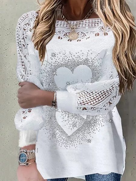 

Crew Neck Vintage Abstract Shirts & Tops, White, Long sleeve tops
