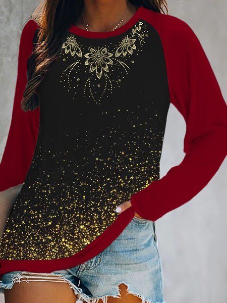 

Shiny Print Raglan Sleeve Casual Vacation Round Neck T-Shirts & Tops, Black, Tees & T-shirts