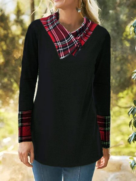 

Cotton Blends Cowl Neck Grid Shirts & Tops, Black, Long sleeve tops