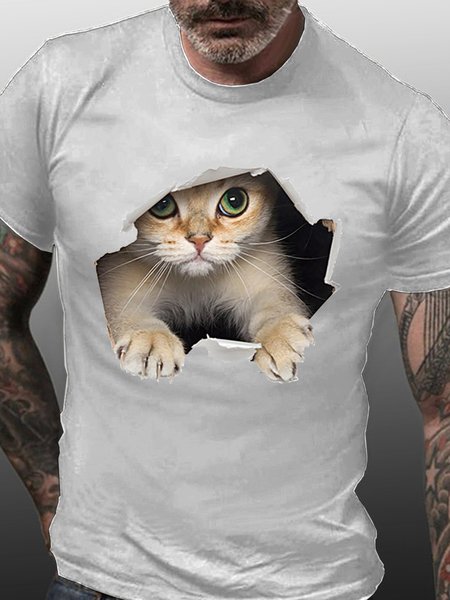 

Cat 3d Graphic Short Sleeve Casual Tshirts, White, T-shirts