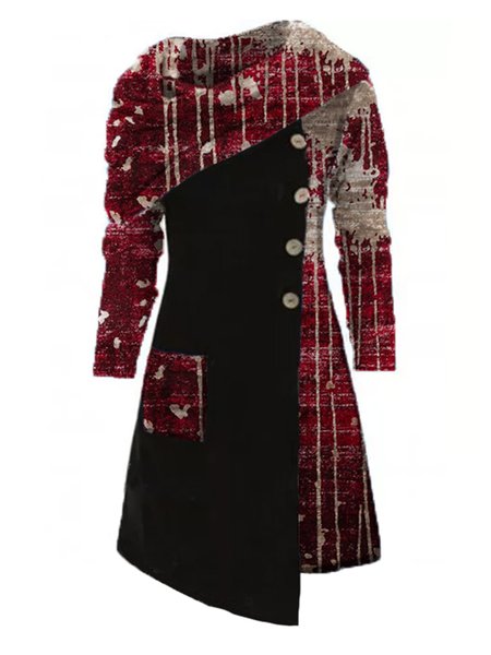 

Irregular Craftsmanship Abstract Long Sleeve Mini Dresses, Black-red, Mini Dresses