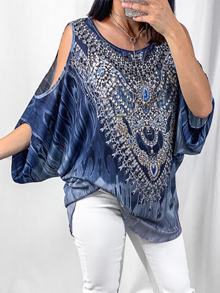 

Tribal Printed Three Quarter Sleeves Cut Out Tops, Navyblue, Tops