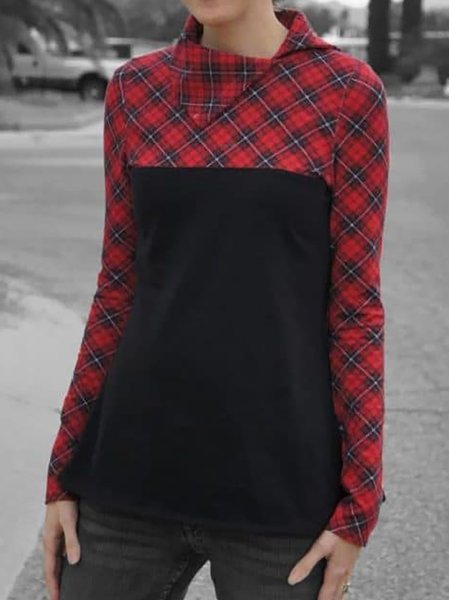 

Checked Print Holiday Long Sleeve Lapel Casual Tops, Red, Long sleeve tops