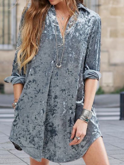 

A-line Loosen Casual Shirt Collar Long Sleeve Dresses, Gray, Tie dye dress