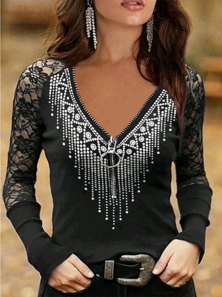 

Geometrico Stampato Scollo a V Maniche Lunghe Pizzo taglia grande Casuale Top, Nero, Blouses & Shirts