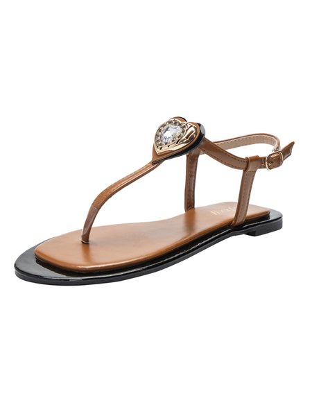 

Valentine's Day Simple Rhinestone Metal Heart Thong Sandals, Brown, Sandals