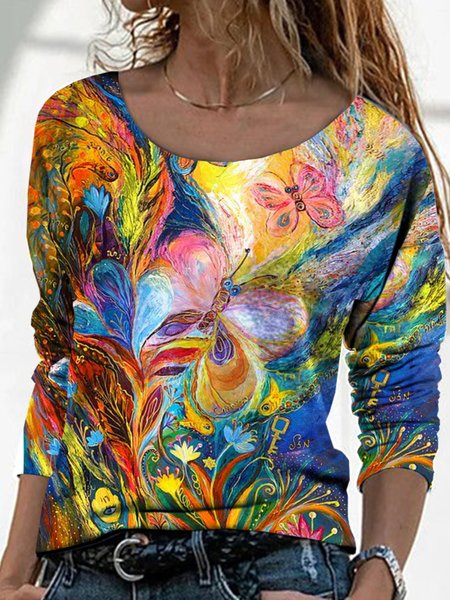 

Casual Butterfly Long Sleeve Round Neck Plus Size Printed Tops T-shirts, Multicolor, T-Shirts