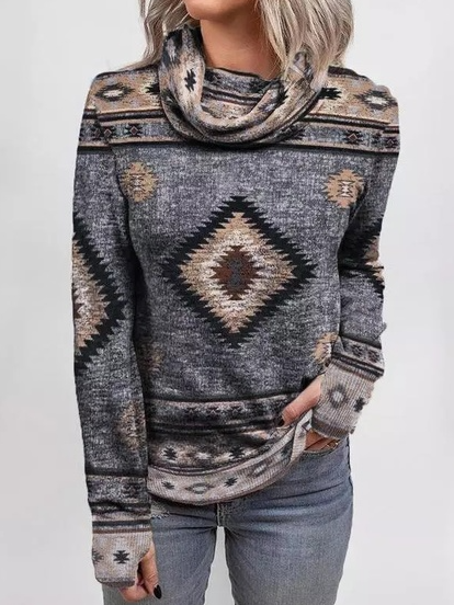 

Cotton Blends Geometric Loosen Tops, Gray, Long sleeve tops