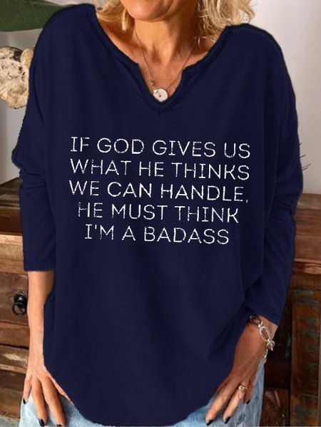 

Funny text print notched neck long sleeve shirt, Purplish blue, T-shirts