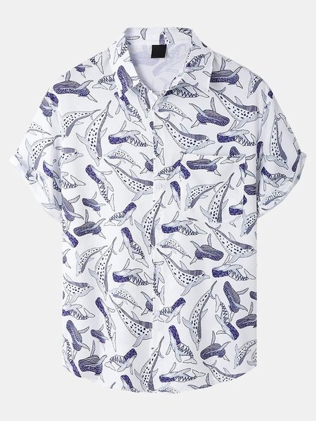 

Sea Whales Print Leisure Breathable Chest Pocket Hawaiian Shirt With Short Sleeves, As picture, Men's sets