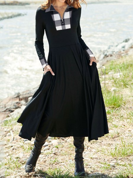 

Checked/Plaid Zipper Simple Dresses, Black, Casual Dresses