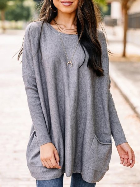 

Casual Crew Neck Solid Long Sleeve Shirts & Tops, Gray, Tops