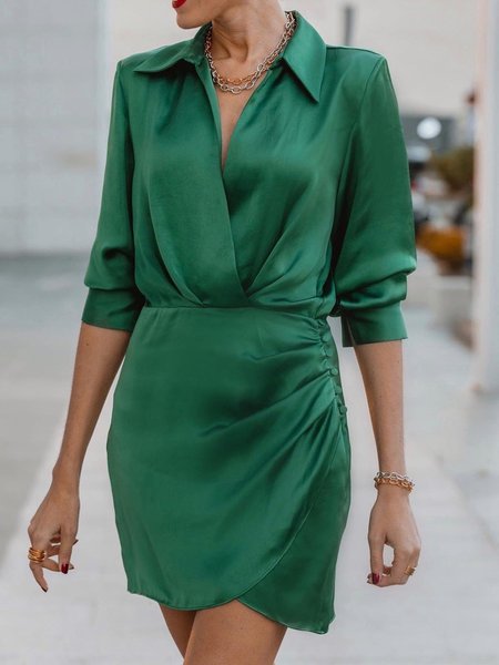 

Solid Elegant Shirt Collar Dress, Green, Midi Skirts