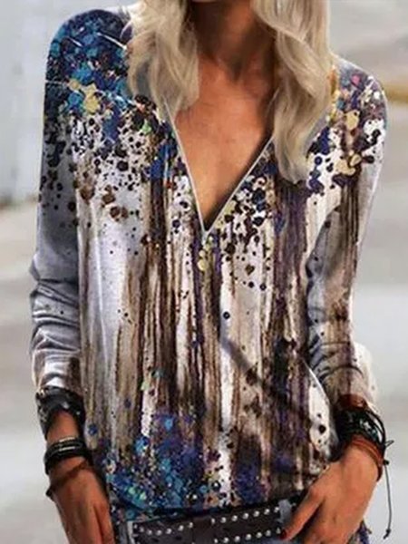 

V Neck Statement Long Sleeve Tops, Multicolor, Long sleeve tops