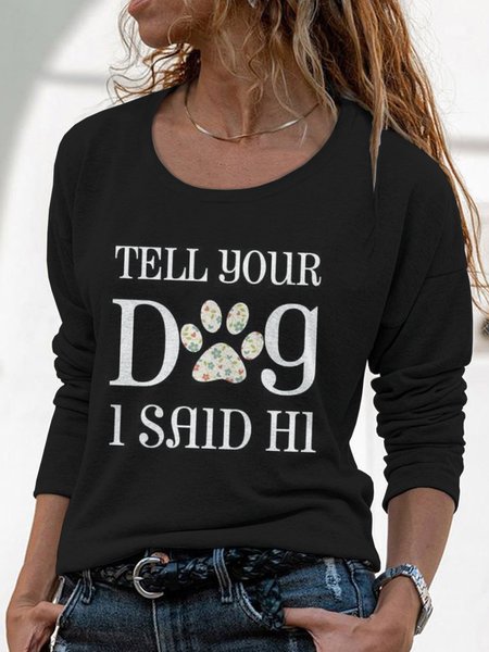 

Casual Patterned Long Sleeve Loosen Crew Neck Tops, Black, T-Shirts