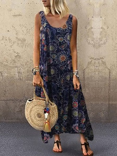 

Floral Printed Hippie Sleeveless Maxi Vacation Weaving Dress, Purplish blue, Maxi Dresses