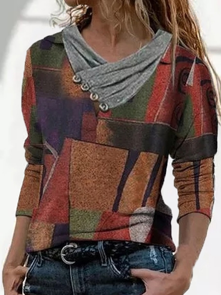 

Geometric Cotton Blends Top, Multicolor, Long sleeve tops