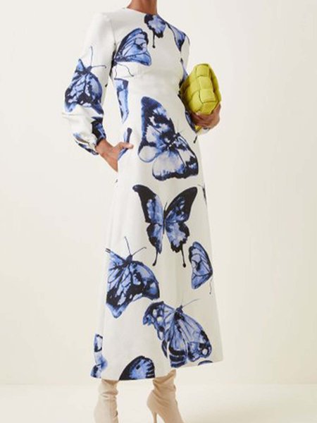 

Elegant Crew Neck Butterfly Long Sleeve Dress, As picture, Maxi Dresses