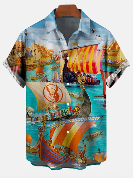 

Vintage Viking Seaboat Hawaiian Shirt, As picture, Men's Floral shirt
