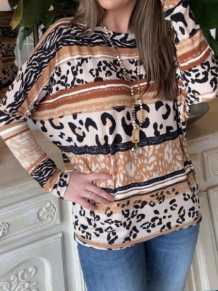 

Leopard Casual Crew Neck Long Sleeve Tops, Deep khaki, Tops
