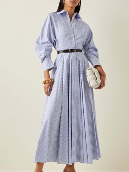 

Elegant Striped Slim Fit Shirt Collar Dress, Blue, Maxi Dresses