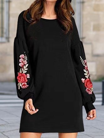 

Puff Sleeve Loosen Floral Printed Crew Neck Dresses, Black, Floral Dresses