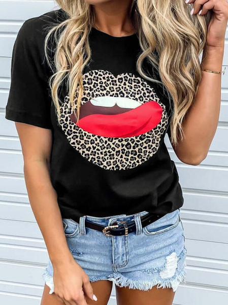 

Leopard Lip Printed Crew Neck Short Sleeves T-Shirt T-shirt, Black, T-Shirts