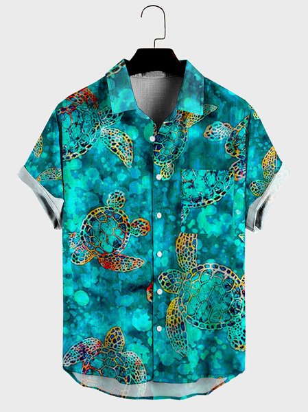 

Mens Sea Turtles Print Casual Breathable Chest Pockets Short Sleeve Hawaiian Shirts, Blue, Men's Floral shirt