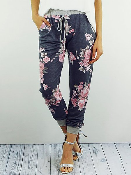 

Casual Floral Side-Pocket Elastic Waist Joggers Pants, Deep gray, Pants