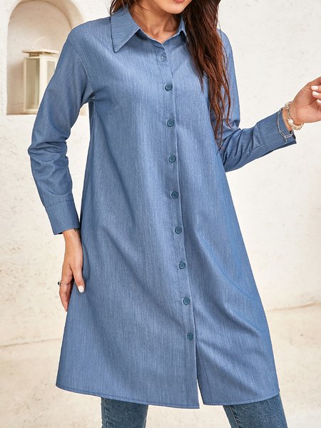 

Holiday Casual Solid ColorLong Sleeve Mini Denim Dresses, Blue, Midi Dresses