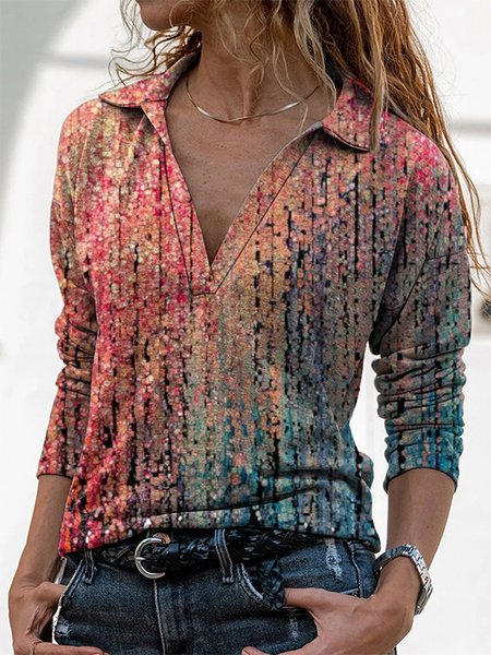 

V Neck Ombre Long Sleeve Casual Shirts & Tops, Multicolor, T-Shirts