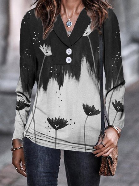 

Cotton Blends Floral Loosen Lapel Shirts & Tops, Black-white, Tops