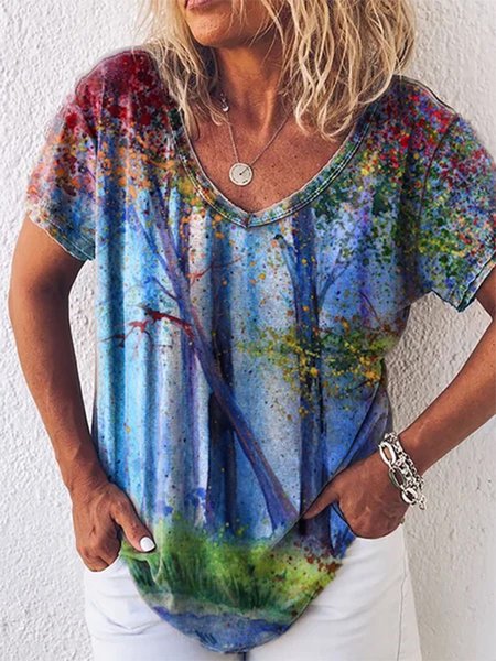 

Landscape Print V Neck Short Sleeve Casual T-Shirt, Multicolor, T-Shirts