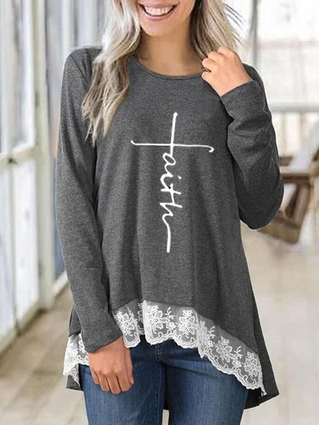 

Tunic crew-neck embroidered lace T-shirt, Black-grey, T-Shirts