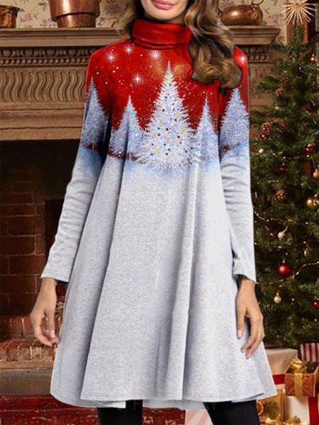 

High Neck Christmas Print Long Sleeve Dress, Red, Casual Dresses