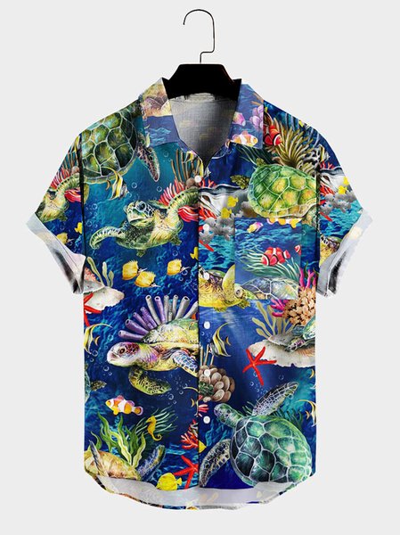

Mens Sea Life Sea Turtles Print Casual Breathable Chest Pockets Short Sleeve Hawaiian Shirts, Blue, Men's Floral shirt