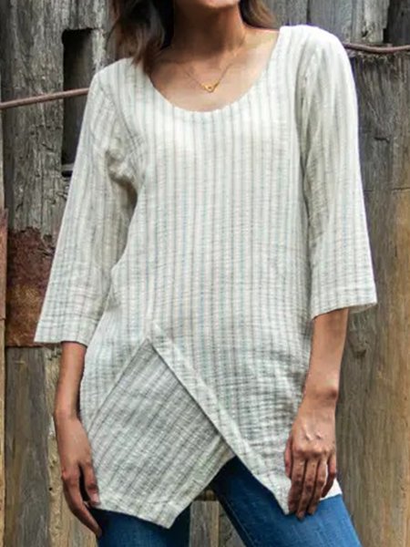 

Irregular Craftsmanship Striped 3/4 Sleeves Crew Neck Plus Size Tunic Tops, Multicolor, Tops