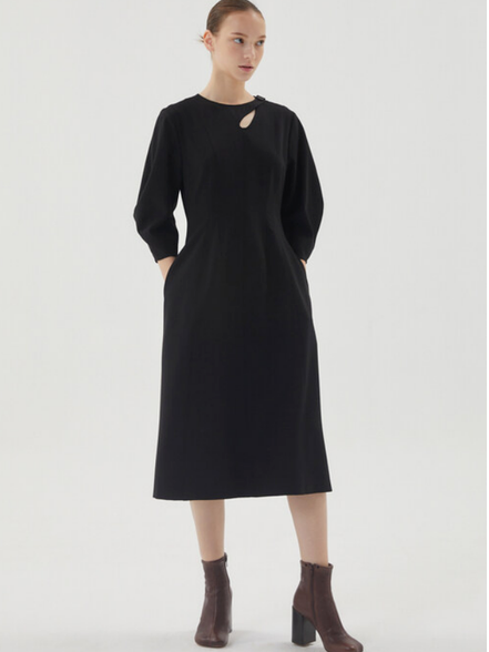

Elegant Solid Crew Neck Dress, Black, Midi Dresses