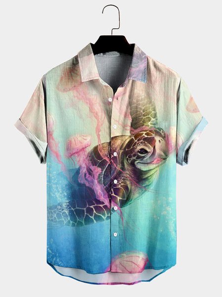 

Mens Sea Turtles Jellyfish Print Casual Breathable Short Sleeve Hawaiian Shirts, Blue, Men's Floral shirt