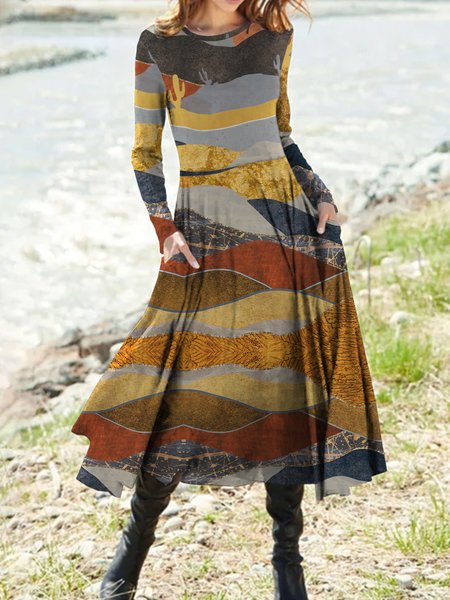

Color-Blocking Crew Neck Long Sleeve Casual Maxi Dresses, As picture, Midi Dresses