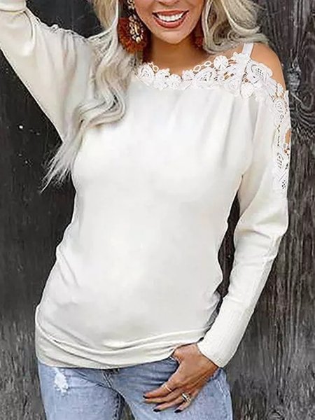 

Lace Off The Shoulder Sweet Shirts & Tops, White, Long sleeve tops