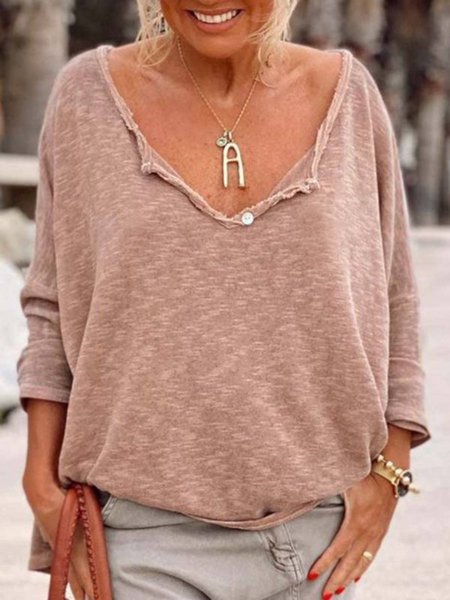 

Casual Solid Loosen V Neck Long Sleeve T-shirts, Dusty pink, T-Shirts