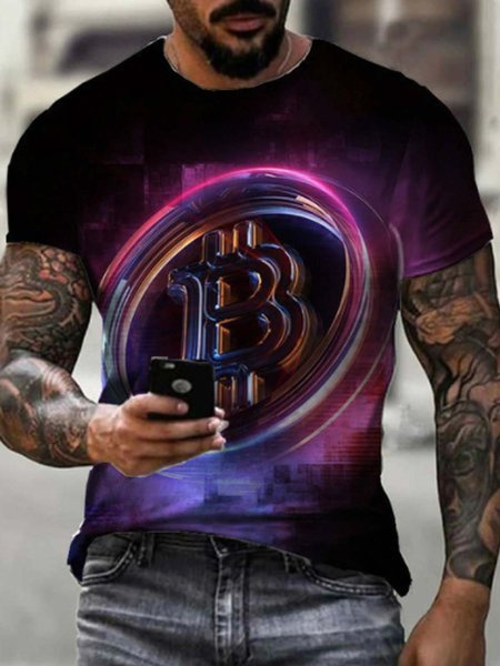 

Bitcoin Gradient Print Letter Short Sleeve T-Shirt, Black, Men's t-shirts