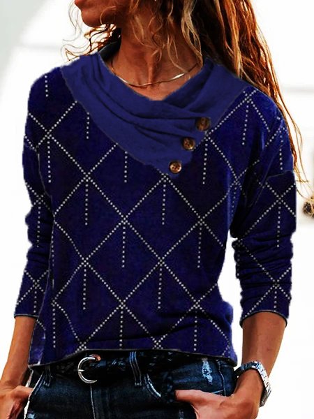 

Loosen Geometric Cowl Neck Shirts & Tops, Blue, Long sleeve tops